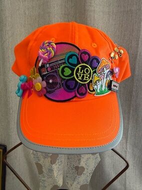 Bright Orange Baseball Cap with Colorful Patches festival rave raver boombox